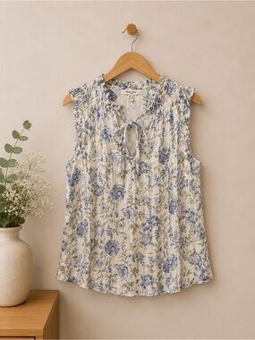 Haven & Blair Silk Blend Floral Blouse Tie Neck Sleeveless Sz S Romantic Boho